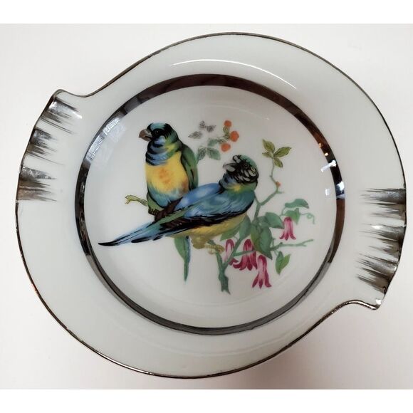 Norleans Ashtray Parrot Bird Japan Hand Paint Dish Ring Hold Porcelain Bl/Grn/Yl - Picture 1 of 9